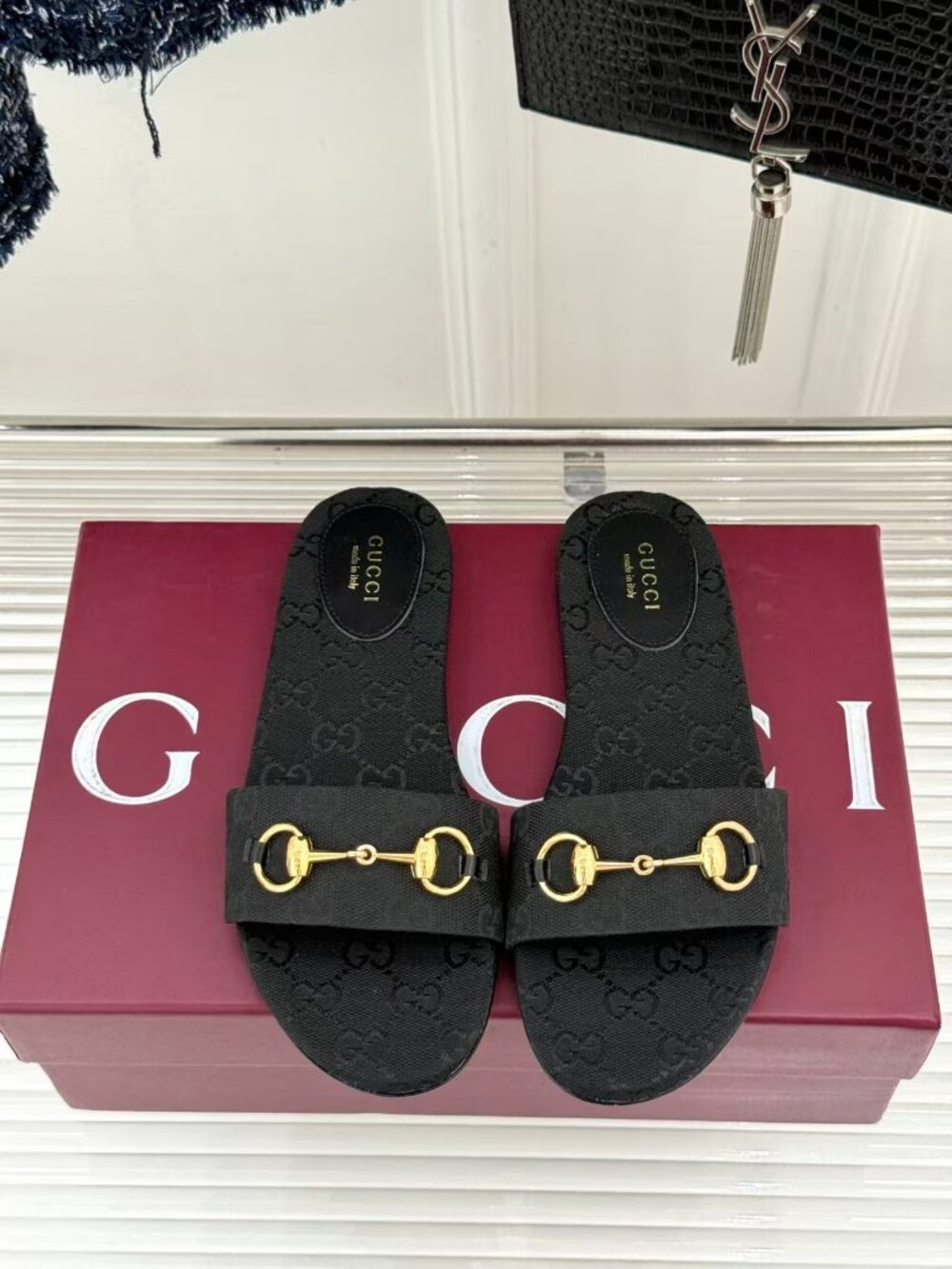Gucci Black GG Canvas Slide Sandals Gold Horsebit Flat Slip On Sandals